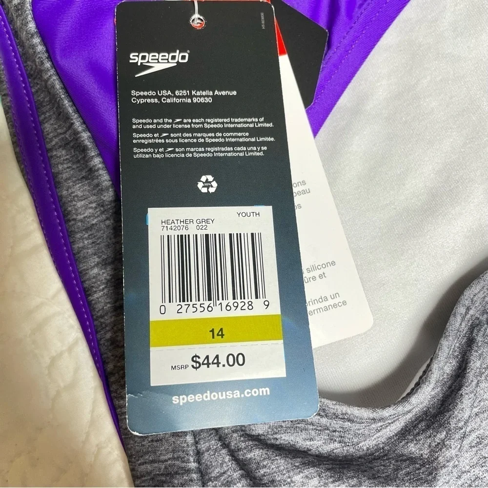 New With Tags Speedo Girls One Piece Racerback Swimsuit Size 14 Gray Purple Aqua